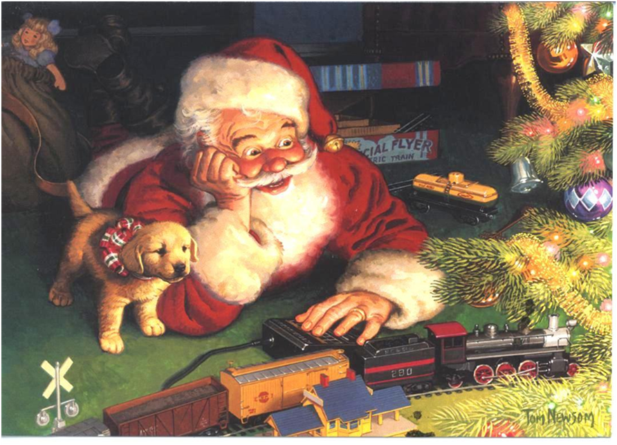 Santa under the tree operating a train set