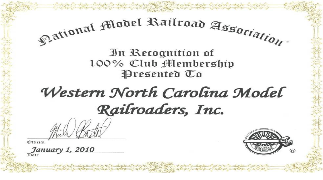 100% NMRA Club Certificate